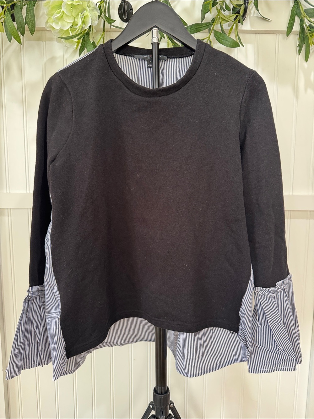 #459 ROMEO & JULIET COUTURE Black Top w Blue-White Striped Back & Bell Cuffs